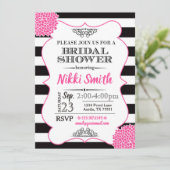 ブライダルシャワーホットピンク牡丹白黒ストライプ 招待状 (スタンド正面)