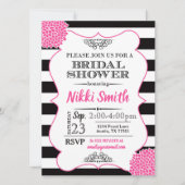 ブライダルシャワーホットピンク牡丹白黒ストライプ 招待状 (正面)