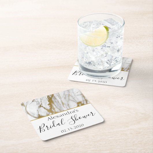 ブライダルシャワーホワイトと金ゴールドエレガント大理石 スクエアペーパーコースター (インサイチュ)