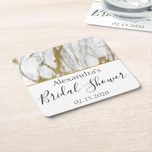 ブライダルシャワーホワイトと金ゴールドエレガント大理石 スクエアペーパーコースター (アングル)