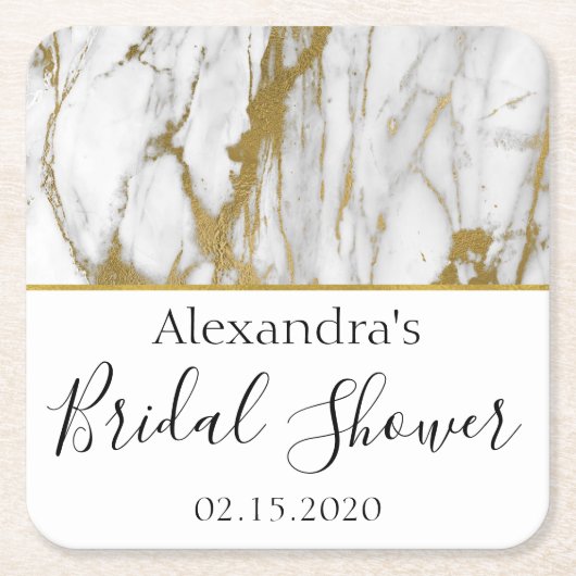 ブライダルシャワーホワイトと金ゴールドエレガント大理石 スクエアペーパーコースター (正面)