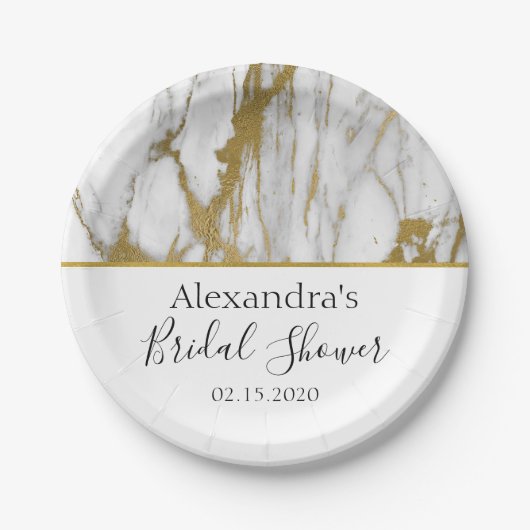 ブライダルシャワーホワイトと金ゴールドエレガント大理石 ペーパープレート (正面)