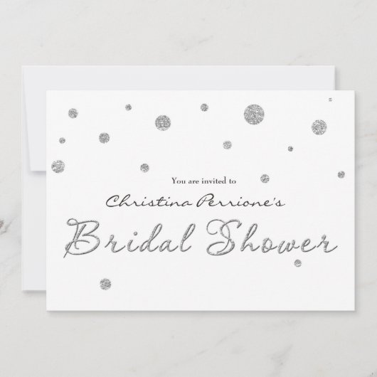 ブライダルシャワーホワイトシルバーグリッターカーモダンド 招待状 (正面)