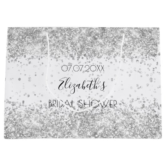 ブライダルシャワーホワイトシルバースパークル名 ラージペーパーバッグ (正面)