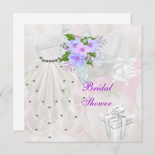 ブライダルシャワーホワイトヴェール薄紫花 招待状 (正面/裏面)