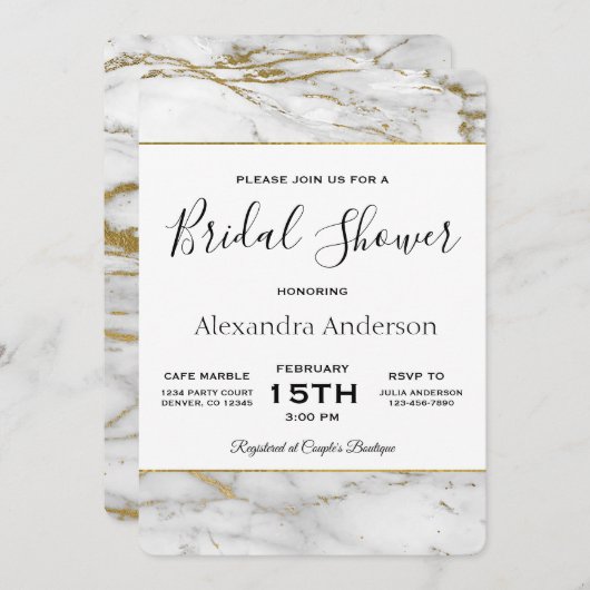 ブライダルシャワーホワイト&金ゴールドマーブル招待状 招待状 (正面/裏面)