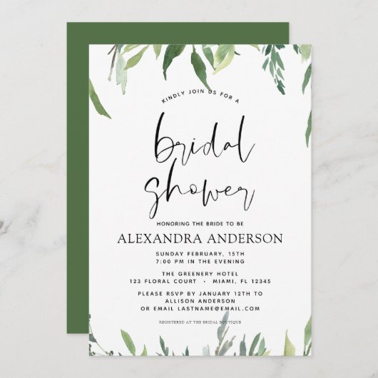 ブライダルシャワーボタニカルグリーン招待状 招待状 (正面/裏面)