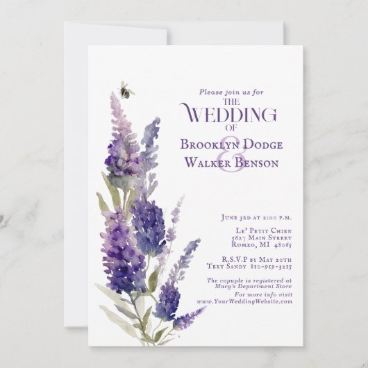 ブライダルシャワーボタニカルラベンダーフローラパープル 招待状 (正面)