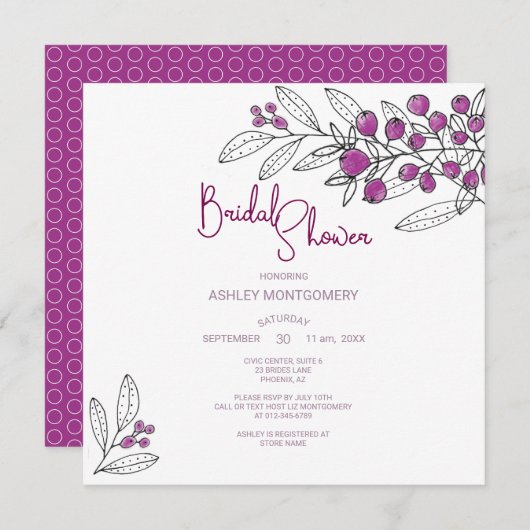 ブライダルシャワーミニマリストパープルベリー葉ズ 招待状 (正面/裏面)