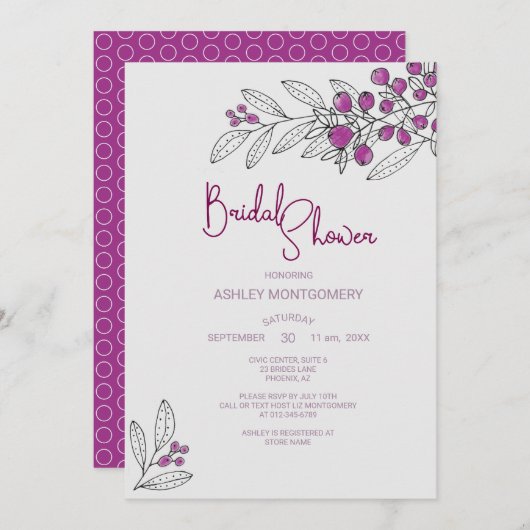 ブライダルシャワーミニマリストパープルベリー葉ズ 招待状 (正面/裏面)