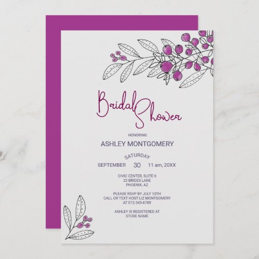 ブライダルシャワーミニマリストパープル葉ズベリー 招待状 (正面/裏面)