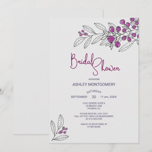 ブライダルシャワーミニマリストパープル葉ズベリー 招待状 (正面/裏面)