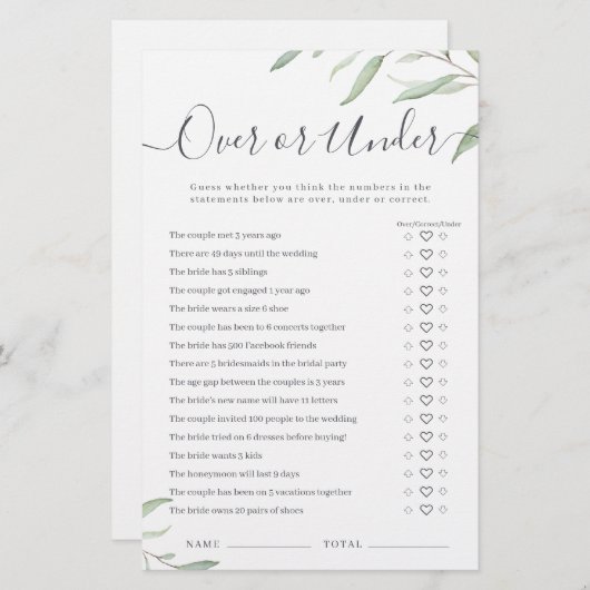 ブライダルシャワーミニマルゲームの上または下の緑 (正面/裏面)