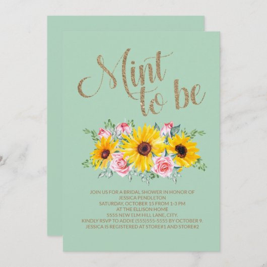 ブライダルシャワーミントウズヒマワラズピンクローズ 招待状 (正面/裏面)