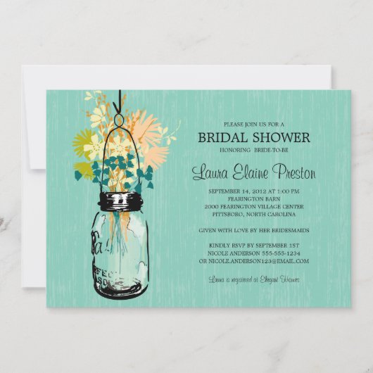 ブライダルシャワーメイスンジャーとワイルドフラワー 招待状 (正面)