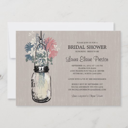 ブライダルシャワーメイスンジャーとワイルドフラワー 招待状 (正面)