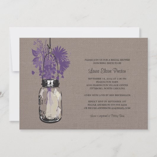 ブライダルシャワーメイスンジャーとワイルドフラワー 招待状 (正面)