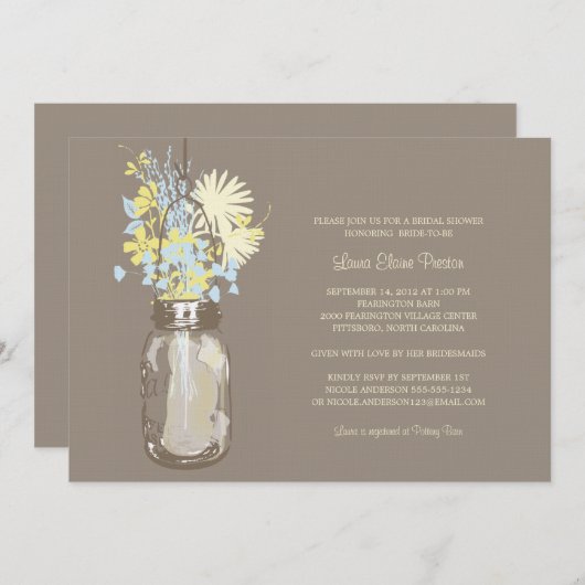 ブライダルシャワーメイスンジャーとワイルドフラワー 招待状 (正面/裏面)