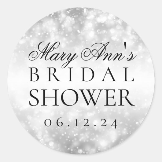 ブライダルシャワーメッセージカードシルバーきらめくライト ラウンドシール (正面)