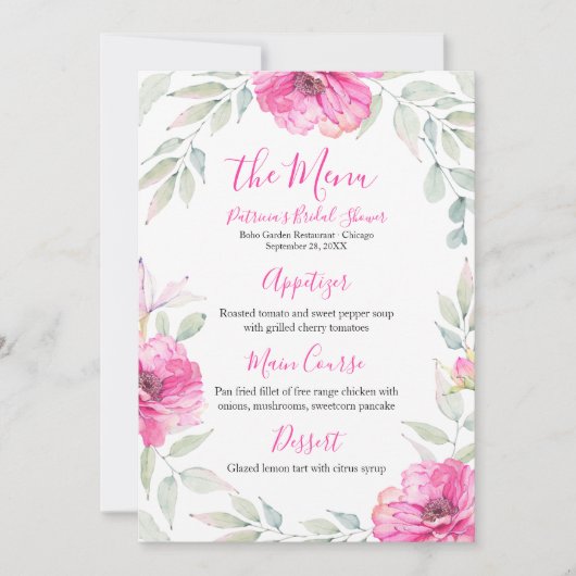 ブライダルシャワーメニューホットピンクフローラ水彩 招待状 (正面)
