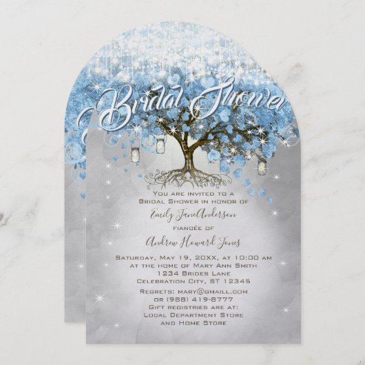 ブライダルシャワーメーソンジャールブルーハートリーフツリー 招待状 (正面/裏面)