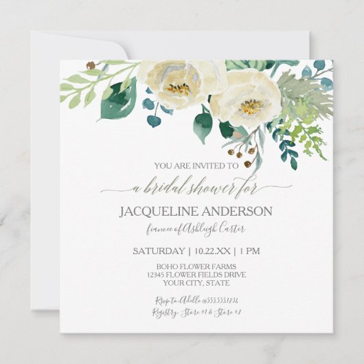 ブライダルシャワーモダンアイボリーバラリーフリース 招待状 (正面)