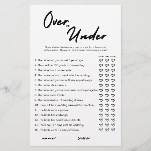 ブライダルシャワーモダンゲームカードの上または下 (正面)