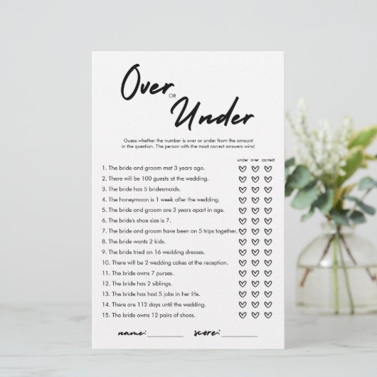 ブライダルシャワーモダンゲームカードの上または下 (スタンド正面)