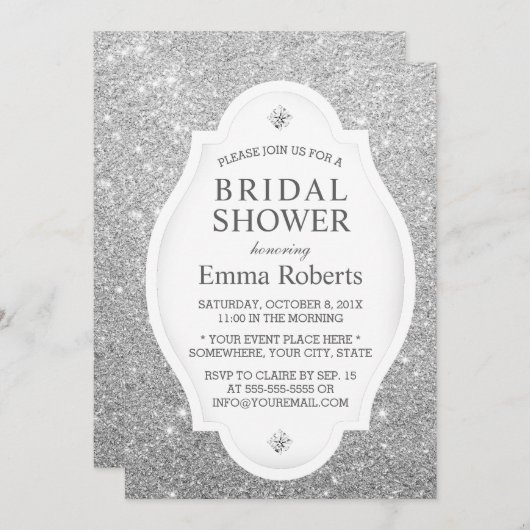 ブライダルシャワーモダンシルバーグリッターエレガント 招待状 (正面/裏面)