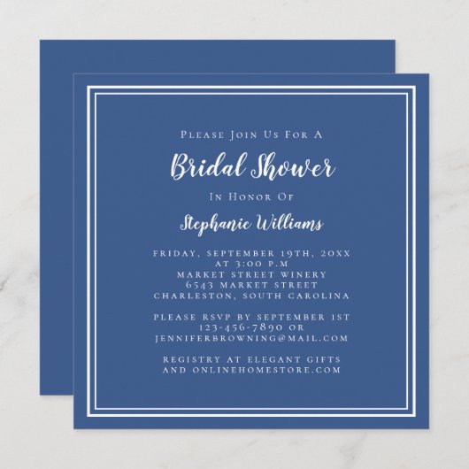 ブライダルシャワーモダンスクエアエレガントクラシックネイビー 招待状 (正面/裏面)
