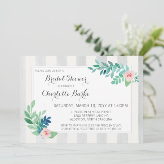 ブライダルシャワーモダンストライプフローラと水彩 招待状 (スタンド正面)