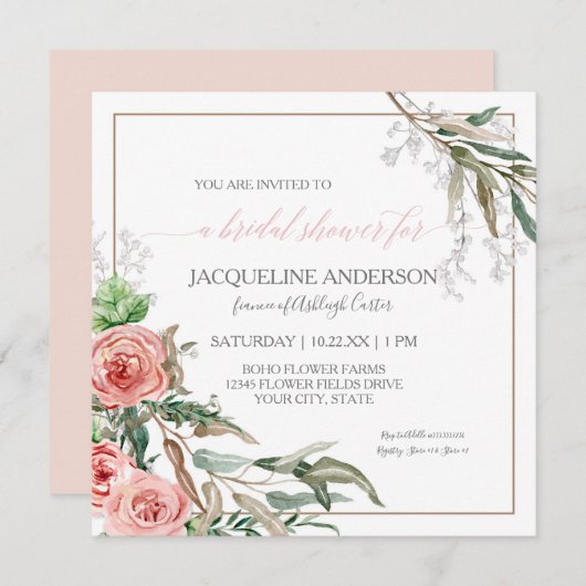 ブライダルシャワーモダンフローラユーカリ水彩 招待状 (正面/裏面)