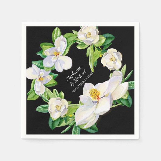 ブライダルシャワーモダンマグノリアフラワーズリースアート スタンダードカクテルナプキン (正面)