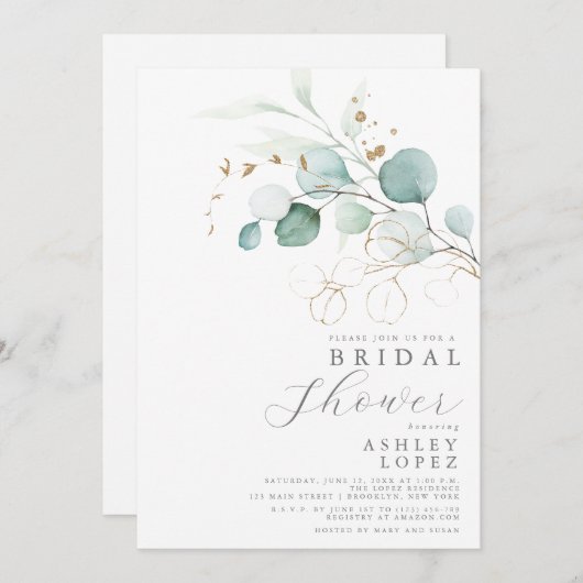 ブライダルシャワーモダン植物性ユーカリプトゥスボホ 招待状 (正面/裏面)