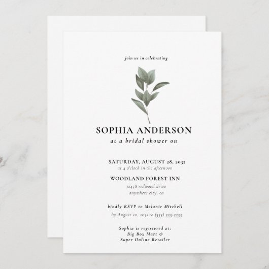 ブライダルシャワーモダン植物性ユーカリプトゥスボホ 招待状 (正面/裏面)