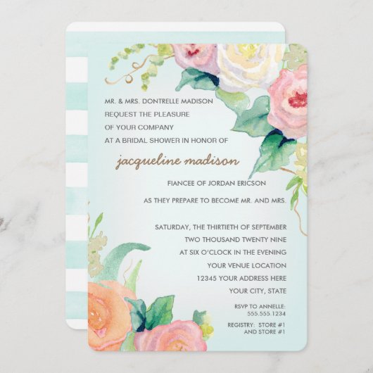 ブライダルシャワーモダン水彩フローラバラ 招待状 (正面/裏面)