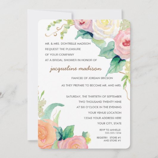 ブライダルシャワーモダン水彩フローラバラ 招待状 (正面)