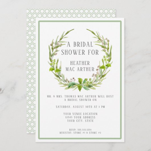 ブライダルシャワーモダン水彩葉リース緑 招待状 (正面/裏面)