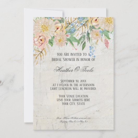 ブライダルシャワーモダン水彩BOHOフローラ大理石 招待状 (正面)