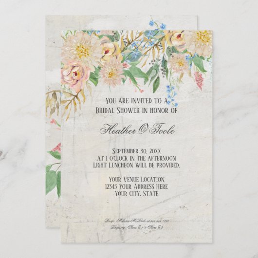 ブライダルシャワーモダン水彩BOHOフローラ大理石 招待状 (正面/裏面)