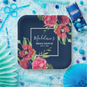 ブライダルシャワーモダン赤ピンクの花が濃い海軍に ペーパープレート (パーティー)