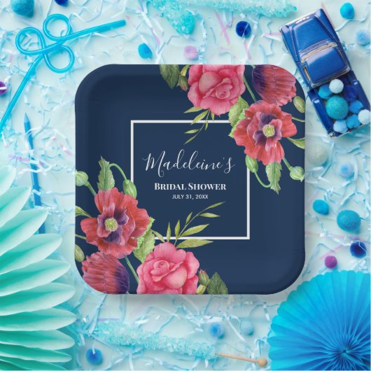 ブライダルシャワーモダン赤ピンクの花が濃い海軍に ペーパープレート (パーティー)