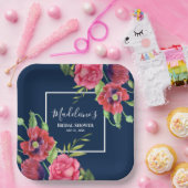 ブライダルシャワーモダン赤ピンクの花が濃い海軍に ペーパープレート (パーティー)