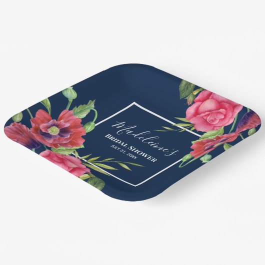 ブライダルシャワーモダン赤ピンクの花が濃い海軍に ペーパープレート (傾斜あり)