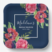 ブライダルシャワーモダン赤ピンクの花が濃い海軍に ペーパープレート (正面)