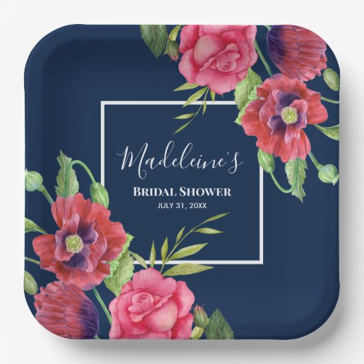 ブライダルシャワーモダン赤ピンクの花が濃い海軍に ペーパープレート (正面)