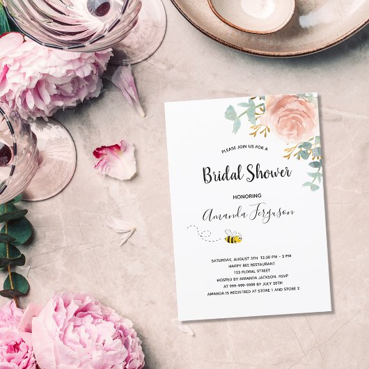 ブライダルシャワーユーカリフローラバラ金ゴールドビー インビテーションポストカード