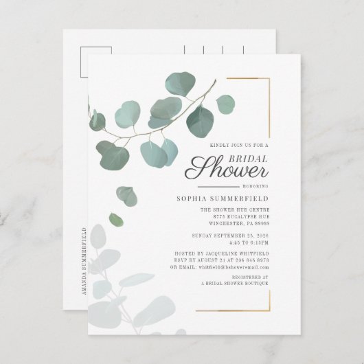 ブライダルシャワーユーカリプタススクリプトグリーンフローラ インビテーションポストカード (正面/裏面)