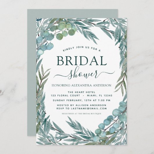 ブライダルシャワーユーカリプトゥスグリーンリーウォーターカラー 招待状 (正面/裏面)