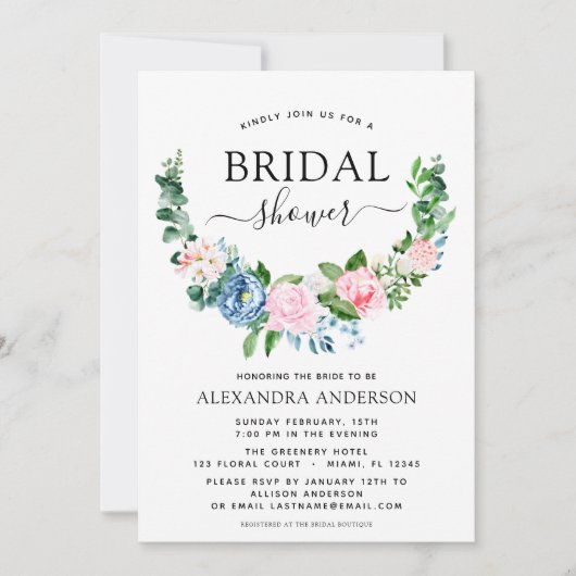 ブライダルシャワーユーカリプトゥスブルーピンクフローラ 招待状 (正面)